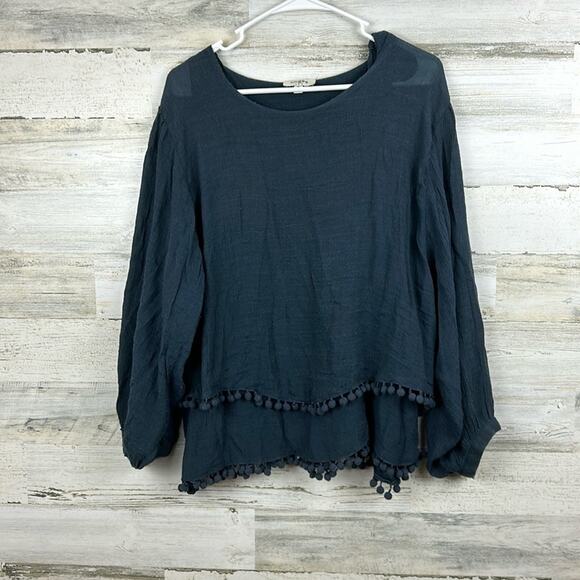 Umgee Women’s Medium Navy Blue Boho Layered Long Sleeve Blouse Tassel Fringe top - Picture 1 of 9